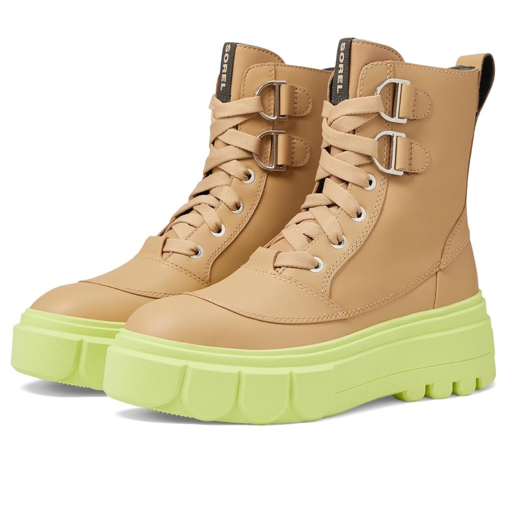 Sorel Women's Tan and Neon Green Platform Boots